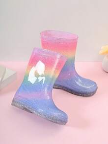 Kids Glitter Rainbow Mid-Calf Boots, Cute Fashion Rain Boots For Playdates & Outings - Baby Pink - View 4