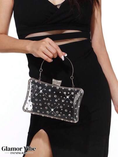 Glamor Vibe Sparkling Crystal Clear Evening Clutch, Elegant Transparent Crystal Handbag, Gala Rhinestone See-Through Purse With Detachable Metal Handle + Chain, Valentine's Day/Birthday Gift, Suitable For Formal Occasions Like Gala, Party, Wedding