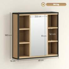 Bathroom Mirror Cabinet, 6 Open Compartments, 3-Tier Shelf, Wall-Mounted, Oak