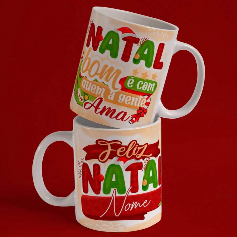 Caneca de Porcelana 325ml Personalizada Natal Bom com Quem gente Ama - Multicolorido - Visão 1