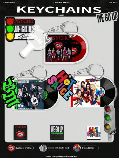 K-POP BABY MONSTER キーチェーン、K-POP テーマ、BABYMON-2D アクリルキーチェーン、WE GO UP、HOT SAUCE、PSYCHO、RUKA、ASA、RORA、RAMI、バッグ/車用キーチェーン装飾、学生用バックパックアクセサリー、クラシック要素キーチェーン、アクリルキーチェーン、両面ラミネート、剥がす必要あり、家族、友人、Monstiez ファンへのギフトに適しています