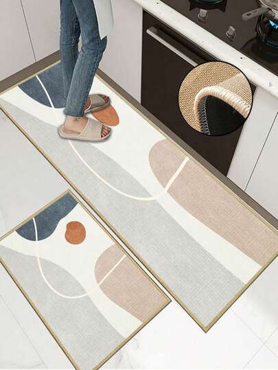 3.5毫米厚橡胶亚麻厨房地垫，多色拼接设计，吸水性强，易于清洁，亚麻表面中间填充海绵，底部为橡胶材质，适用于厨房、浴室、洗衣房、玄关等场所。
