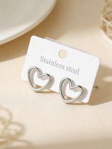1. Fashionable Stainless Steel Heart-Shaped Earrings - Ear Studs - Elegant And Simple Ladies' Earrings - Suitable For Daily Wear - Silver - View 3