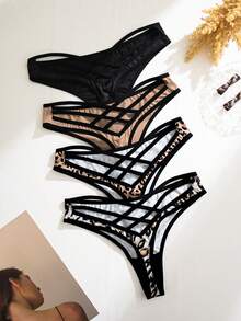 4pcs/Pack Women's Leopard Print Cross-Back Thong Panties - Multicolor - View 4