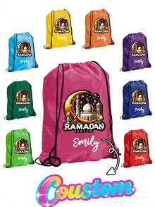 Customizable Ramadan Gift Bag, Personalized Drawstring Storage Bag, Can Print Name, Eid Mubarak Gift Bag With Golden Crescent Design, Personalized Eid Gift Bag, Lightweight And Foldable, Fashionable Multifunctional, DIY Ramadan Bag/Taraweeh Prayer Bag/Ramadan Gift/Ramadan Gift/Ramadan Giveaway/Islamic Gift/Ramadan Tote Bag, Holiday Gift Bag - Multicolor - View 7