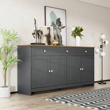 Sideboard With Gray-Black Wood Grain Four Doors Three Drawers For Living Room And Dining Room. Wood Tone And Gray-Black - Gray + Wood + MDF1 - View 9