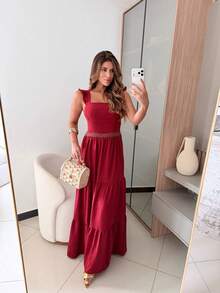 Long Dress With Lace Detail At The Waist In Duna Fabric - Redwood - View 4