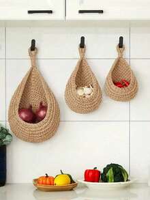 6/3/1pcs Set Wall Hanging Woven Baskets, Bohemian Style, Creative Water Drop Shape, Suitable For Vegetables, Fruits, Kitchen Storage Baskets, Also Fit For Holiday Decoration, Kitchen Storage Bags, Hanging Storage Baskets, Storage Bags, Kitchen Decor Storage Bags - Multicolor - View 4