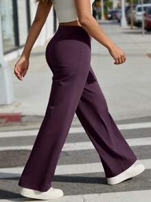 NcmRyu 1pc Women High Waist Elastic Loose Flared Leg Casual Pants - Purple - View 8