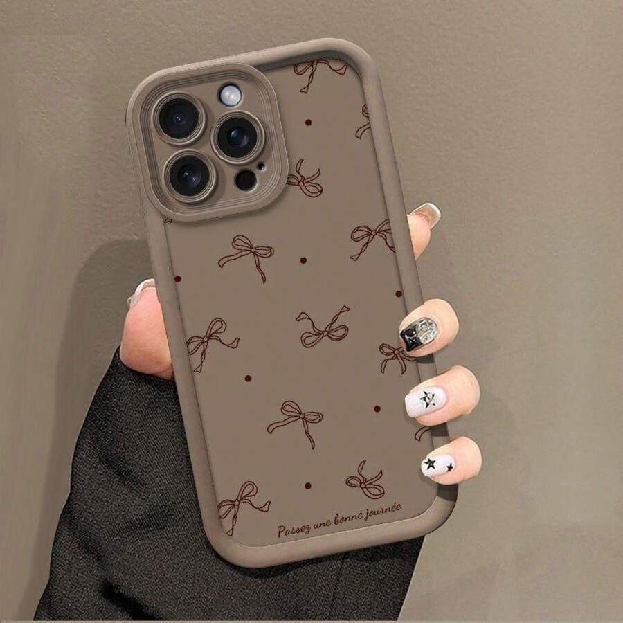 Case For IPhone 17 Pro Max 16 Plus 15 14 13 12 11 Air E Bowknot Pattern Drop Protection Shockproof Soft Silicone Smartphone Cover For IPhone 17 Pro - 酒紅色 - 查看 1