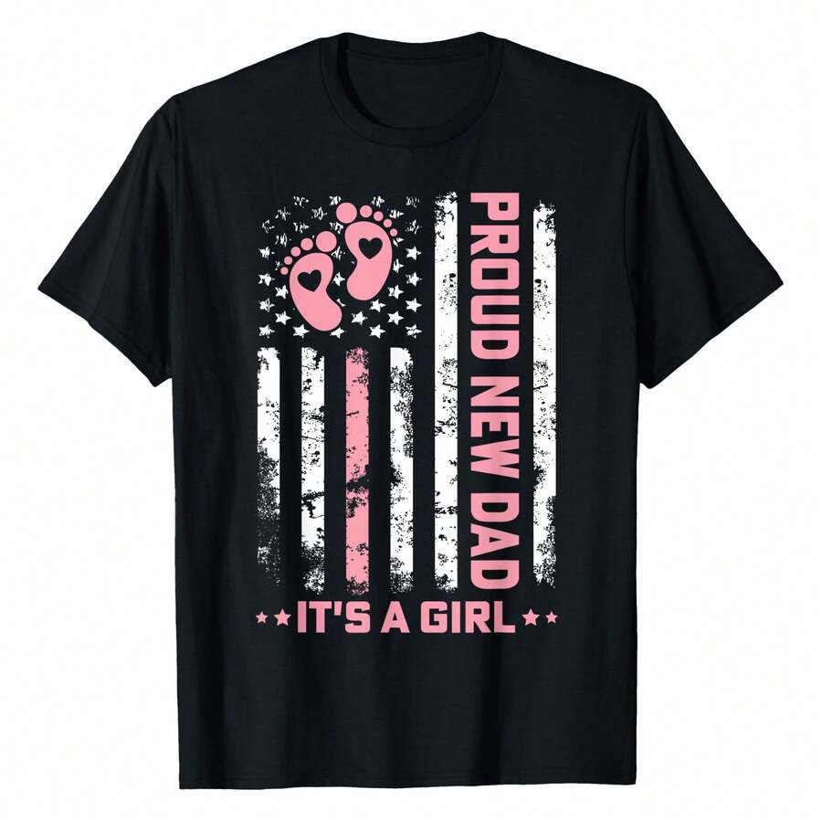 Proud New Dad New First Fathers Day American Flag T-Shirt Men's Crew Neck Short Sleeve T-Shirt - Classic Fit Basic Tee For Casual Daily Wear & Work - Black - View 1