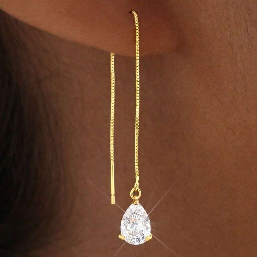 925 Sterling Silver Earrings With Elegant Teardrop-Shaped Pendants, Set With Cubic Zirconia And Plated In 18K Gold. - Vàng - Xem 1