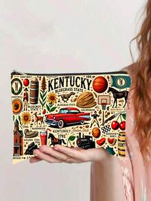 A Vintage Hand-Drawn Long Cosmetic Bag Featuring Elements Of Kentucky, Measuring - A Lightweight Storage Pouch For Cosmetics, Toiletries, Medicine, And - Reusable, Suitable As A Gift For Women, Men - Multicolor - View 6