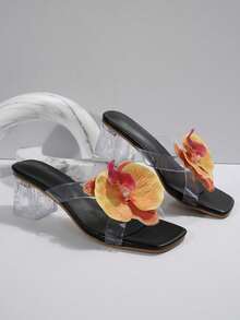 Giày sandal cao gót đế dày bằng nhựa PVC tuyệt đẹp, giày cao gót hở mũi đế dày họa tiết hoa mùa hè mới, sandal cao gót một quai. - màu đen - Xem 3