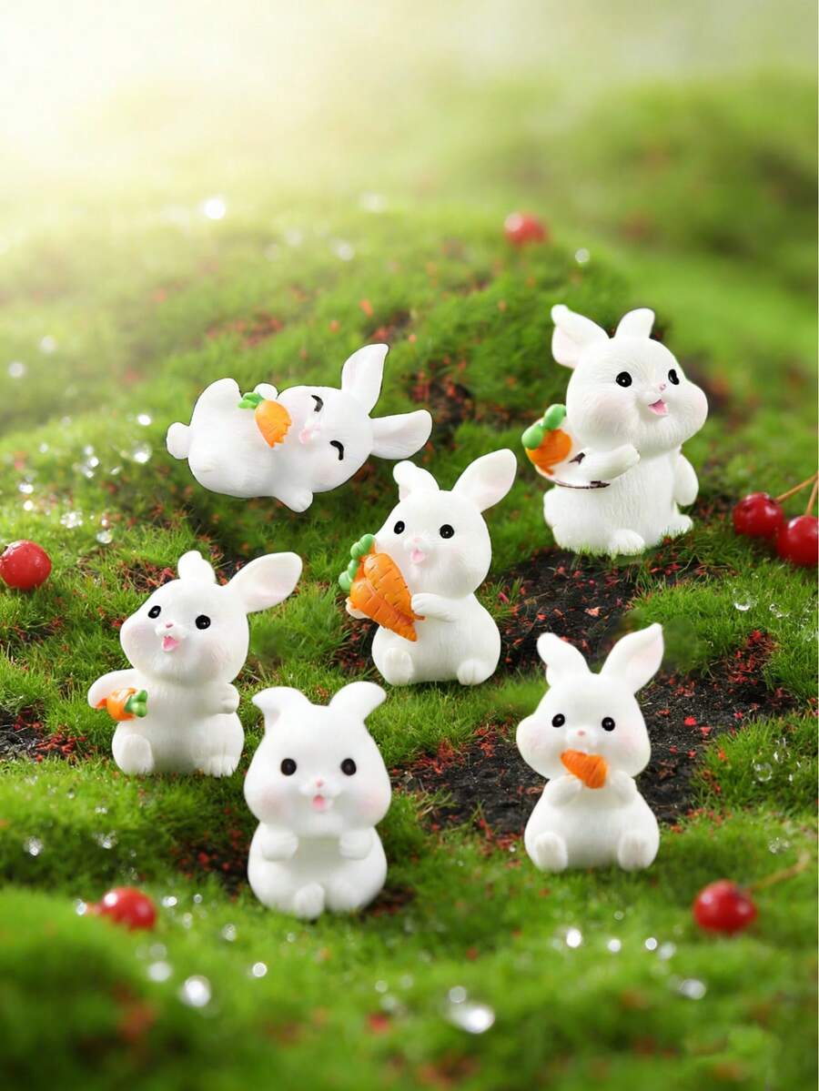 1包（6个）迷你复活节兔子雕像，树脂兔子摆件——非常适合用作微型景观装饰、家居桌面装饰、复活节装饰品、桌面装饰、复活节彩蛋游戏道具、家居装饰、景观工艺品、微型花园装饰，或作为送给动物和自然爱好者的贴心礼物。 - 風格A - 查看 1