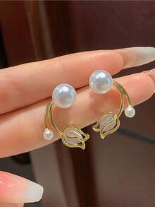 Tulip Shaped Earrings For Women Unique Design French Style Flower High End Cat's Eye Stone Faux Pearl Decoration Valentines Mom Mother Mother's Day Gift TA9D - 黃金2 - 查看 5