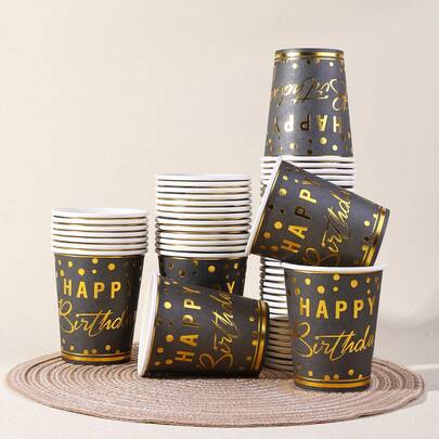 10个/20个/40个，9盎司黑色和金色生日快乐纸杯，一次性饮料杯，印有“生日快乐”图案，适合盛装热饮，男女生日派对、婚礼、新娘送礼会、毕业典礼和其他场合。