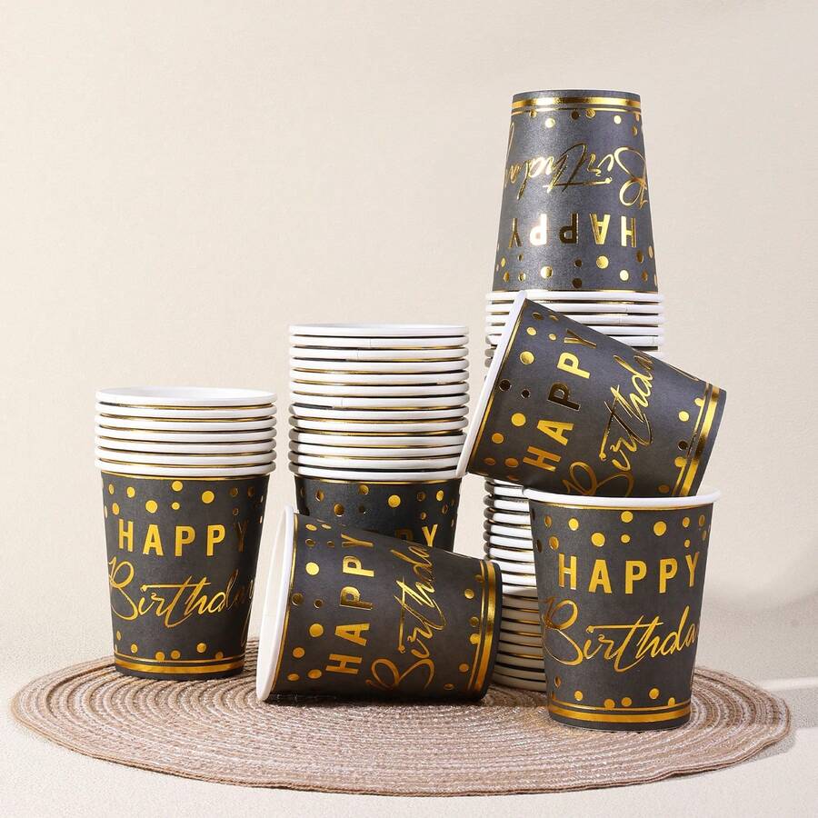 10 piezas/20 piezas/40 piezas, Vasos de papel negro y dorado de 9 onzas con diseño impreso de "Feliz Cumpleaños", vasos desechables para bebidas, aptos para bebidas calientes, fiestas de cumpleaños de hombres y mujeres, bodas, despedidas de soltera, ceremonias de graduación y otras ocasiones. - Negro - Ver 1