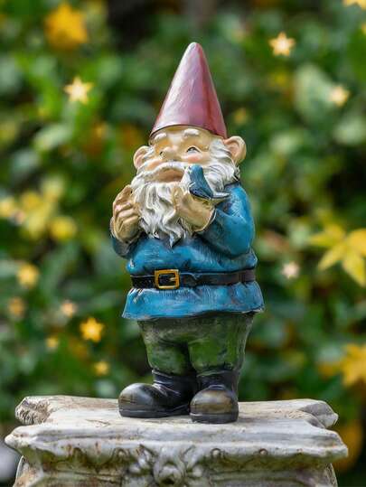 1PC Garden Gnome Outdoor Yard Statue With Colorful Bird Accent, Playful Polyresin Decoration, Multicolor