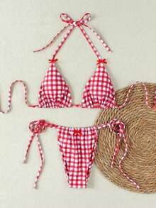 New Red & White Plaid Halter Tie Sexy Bikini Swimsuit Set, Beach Holiday Party Wear, Spring/Summer - Multicolor - View 2
