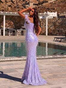 ADYCE 高领露背派对礼服，饰以人造羽毛和珠绣，短袖设计，优雅正式，适合晚宴、婚礼、毕业典礼、正式晚宴等场合，也可作为亮片复活节礼服穿着。 - 紫色 - 查看 2