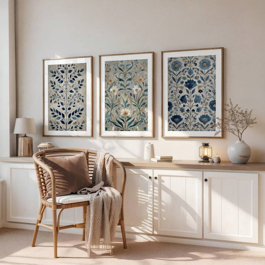 1/3幅复古纺织墙画,蓝色单色挂毯印花帆布画,复古花卉海报,中国风家居装饰,适用于客厅、卧室、餐厅装饰,送她的礼物,可选无框或有框。 - 植物 - 查看 1