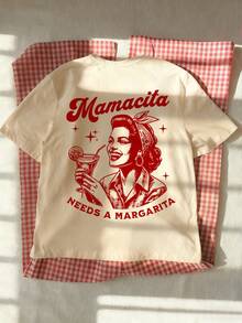 Camiseta casual de mujer con cuello redondo y manga corta con estampado de letras, camiseta gráfica, primavera/verano - Albaricoque - Ver 5