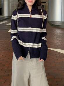 Striped Cardigan Sweater, New Autumn/Winter High Neck Slim Fit Versatile Knit Jacket, Random Fabric Piece - Navy Blue - View 6