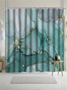 1/4 Piezas Juego de baño con patrón de mármol azul y verde, Cortina de ducha impermeable con 12 ganchos, Alfombra en forma de U, Tapa de inodoro, Alfombra en forma de L, Accesorios de baño, Decoración de baño con estilo - Multicolor - Ver 4