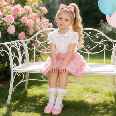 Young Girl' Sweet Ethereal Pink Rose Flower Decor Casual Skirt, Suitable For Daily Wear