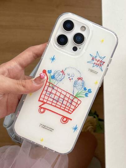 1个韩式花卉卷毛狗拉杆手机壳，兼容 17 Pro Max/17 Pro/17 Air，可爱卡通保护套，适用于Apple 16 Pro Max、15 Plus/14 Pro Max、13/12/11