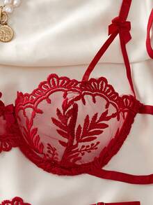 两件套女士性感内衣套装，酒红色，超薄透气网纱，花卉刺绣，纯洁迷人，包含文胸和丁字裤；情人节约会的完美之选 - 酒紅色 - 查看 4