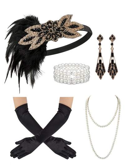 5 قطع مجموعة إكسسوارات زي فلابر من عصر العشرينات - شريط رأس ريش صناعي، قلادة لؤلؤ عتيقة، قفازات، أقراط مرصعة بالراين ستون، تاج حفلة، مناسب للنساء