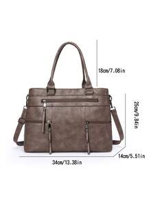 1 件女士纯色复古手提包，大容量托特包，带多个拉链口袋，防水 PU 双提手便携式户外休闲商务多功能单肩包，缝线防盗斜挎包 - 卡其色 - 查看 4