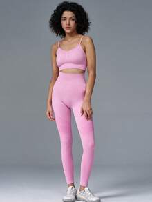 YZFRF 无缝健身套装，包含蜜桃臀紧身裤和吊带文胸 - 粉色 - 查看 8