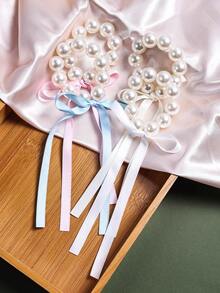 1/4 件装 女孩大号仿珍珠丝带蝴蝶结发圈，可爱新款丝带蝴蝶结流苏发绳发圈，优雅珍珠马尾辫发饰，适合节日派对和日常使用 - 彩色 - 查看 5