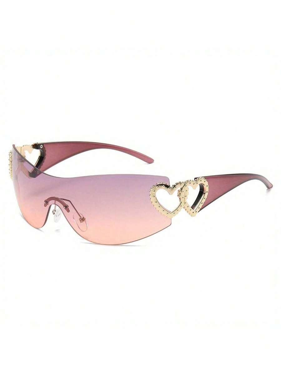 Y2K One-Piece With Heart-Shaped Decorative Frame And Wrap-Around Lenses For Women's Fashionable Eye Protection - 金紫粉紅 - 查看 1