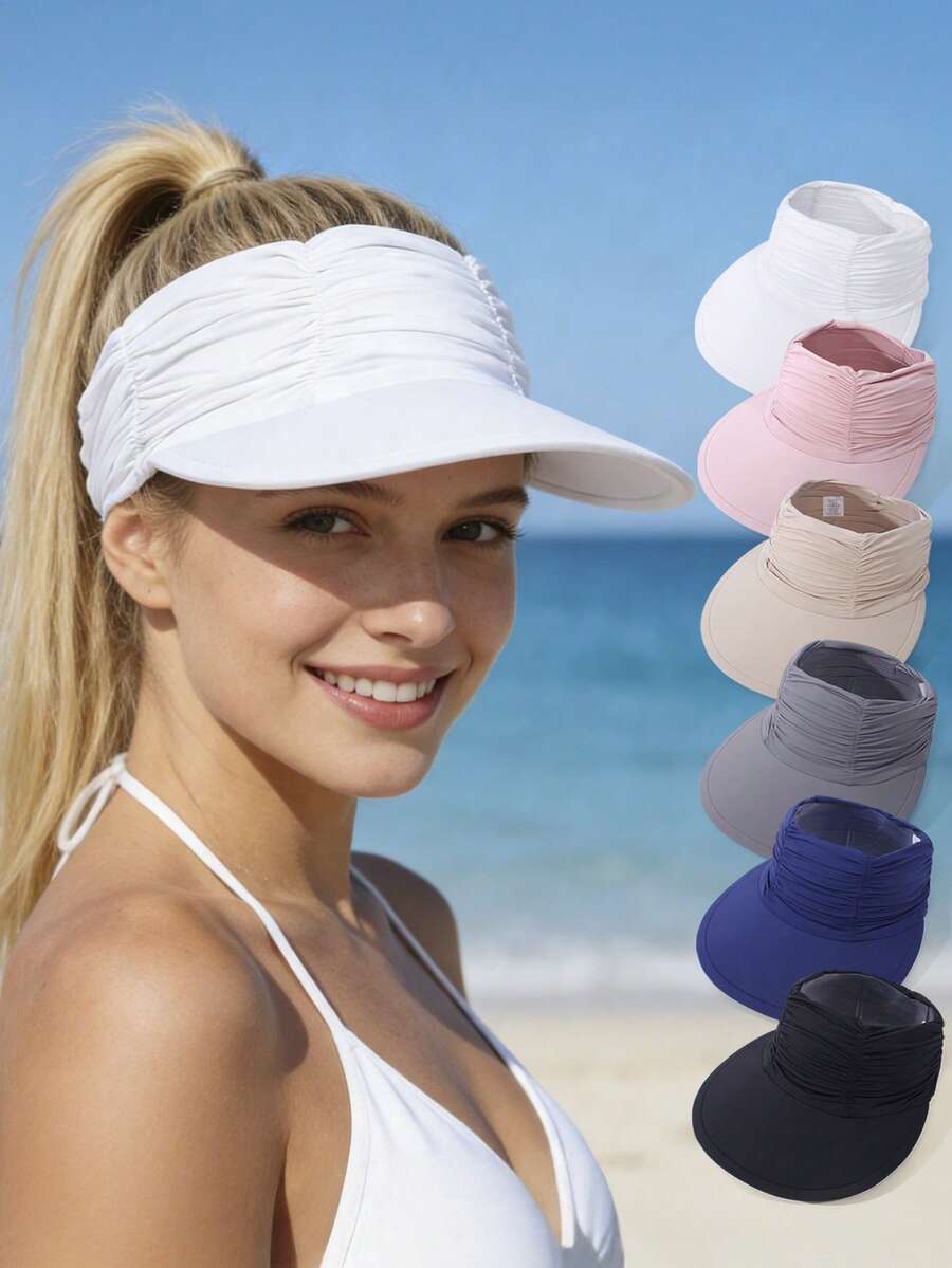 1 pezzo Cappello da sole in seta plissettata da donna - Cappello con ampia tesa regolabile e protezione UV, con foro per la coda di cavallo, adatto per spiaggia, golf e attività all'aperto estive (disponibile in più colori), vacanza - 1 pezzo - Visualizzare 1