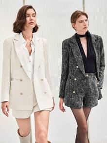 Imily Bela Womens 2 Piece Tweed Blazer Shorts Sets Long Sleeve Double Breasted Suit Jackets Sport Business Outfit - 米色 - 查看 6