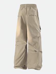 Men's Black Oversized Baggy Wide Leg Cargo Parachute Pants Drawstring Elastic Waist With Pockets Loose Fitting Retro Punk Casual Streetwear Lightweight Comfortable Versatile Unisex Casual Pant For Everyday Wear Going Out Workout Classic American Outfit - 卡其色 - 查看 3