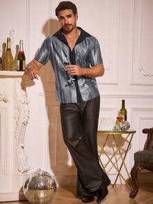 Runcati Mens Disco Shirt 70s Shirts Short Sleeve Button Down Vintage Sequin Metallic Disco Outfits Party Costume Top - 灰色 - 查看 3