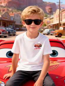 Disney Boys' T-Shirt Featuring A Creative Cartoon Print Of Lightning McQueen From Cars. Made From Soft, Comfortable, And Breathable Fabric, It's Perfect For Everyday Wear, Outings, And Activities-Making It An Ideal Gift For Kids. - trắng - Xem 2