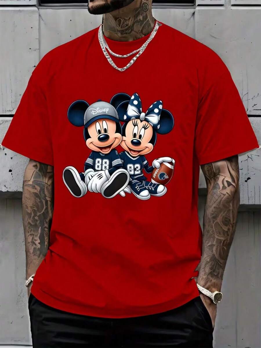 1 Piece, [Authorized] Disney Mickey Minnie Series T-Shirts Summer Neutral Short-Sleeved Round Neck, Birthday Gift Regular Edition Daily Commuter Men's Basic Shirts Are Suitable For Birthday Parties. - Đỏ - Xem 1