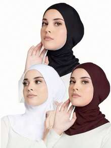 3pcs Women Fashion Solid Color Combo Set, Elastic Seamless Hijab Cap Scarf, Suitable For Daily Wear Abaya - Multicolor - View 2