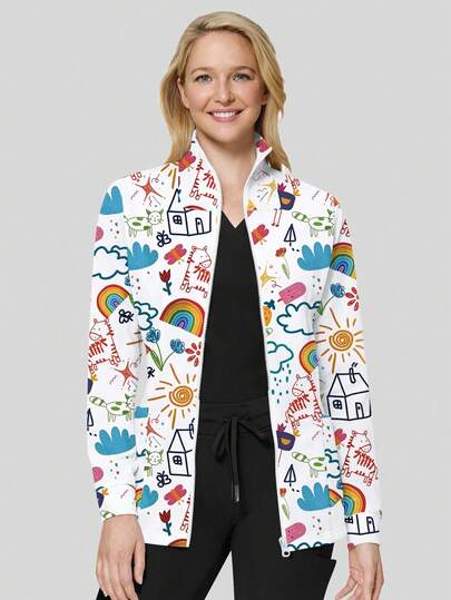 cimmuovere Colorful Heart Print Zipper Front Collar Long Sleeve Scrubs Jacket With Pockets, Nurse Scrubs Workwear For Dentist, Healthcare, Pet Hospital, Laboratory