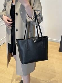 1pc Women's Fashionable Commuter Solid Color Shoulder Bag, Portable Versatile Large Capacity Tote Bag, Suitable For Dates, Shopping, Gifts, Work - Black - View 5