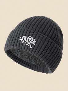 1pc SYNA Embroidered Knit Beanie Hat, Fleece Lined, Windproof & Warm, Soft & Comfortable, Simple & Fashionable, Essential Winter Hat - B - View 9