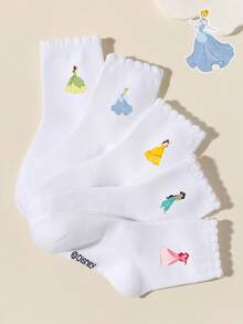 Disney 5/1 Pair Girls' Spring/Summer Versatile Campus Socks, Adorned With Lovely Vibrant Cartoon Princess Patterns, Cute & Fashionable, Soft & Breathable, Moisture-Wicking Sports Socks, Sweet & Comfortable Lace Trim Socks, Suitable For Parties, School, Outings, And Relaxation At Home - White - View 10