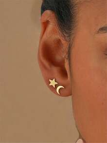 2pcs Copper Star & Moon Stud Earrings For Women, Daily Wear Gold Color Earrings, Ramadan Accessories - Amarillo Oro - Ver 1