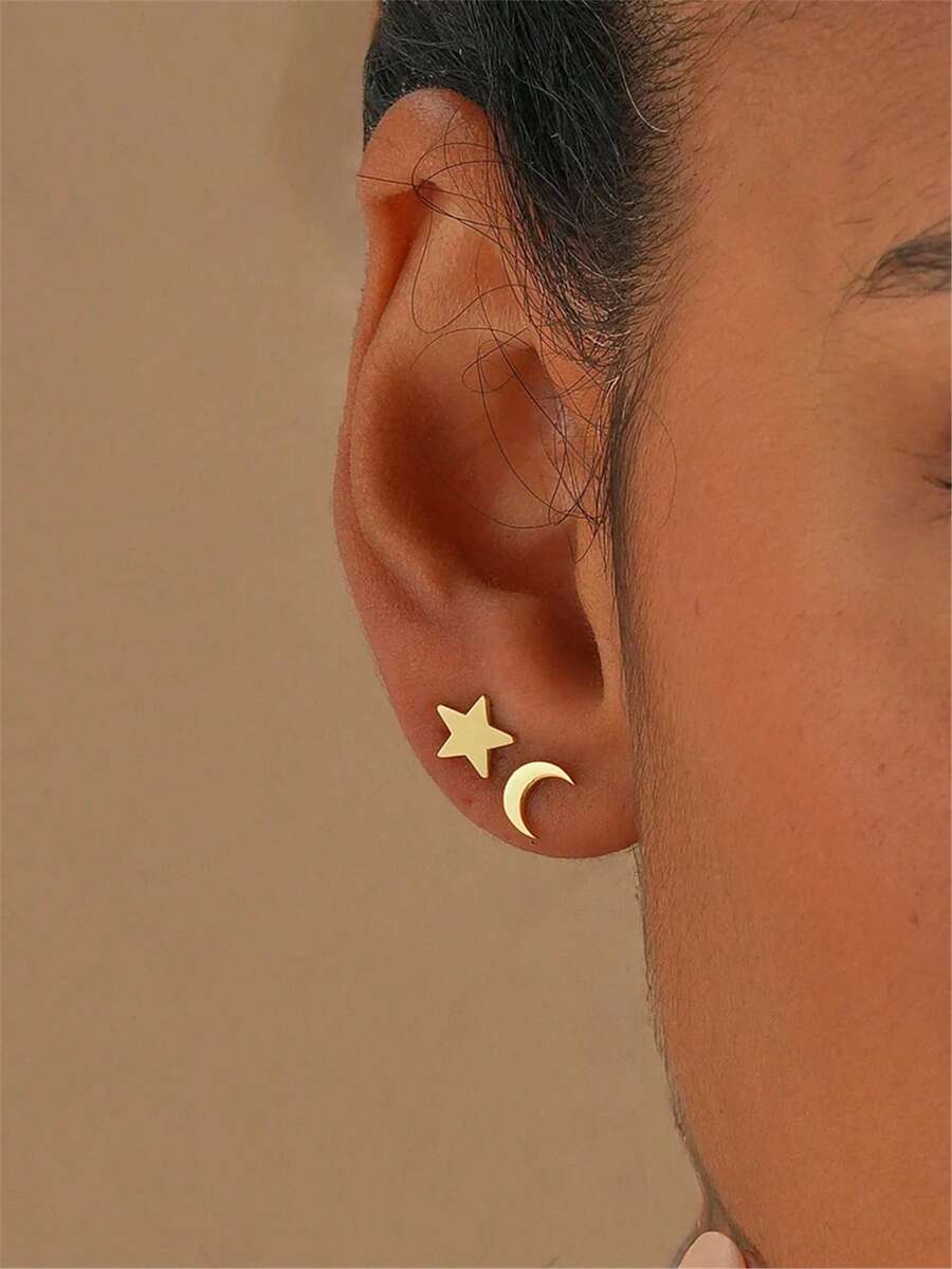 2pcs Copper Star & Moon Stud Earrings For Women, Daily Wear Gold Color Earrings, Ramadan Accessories - Amarillo Oro - Ver 1